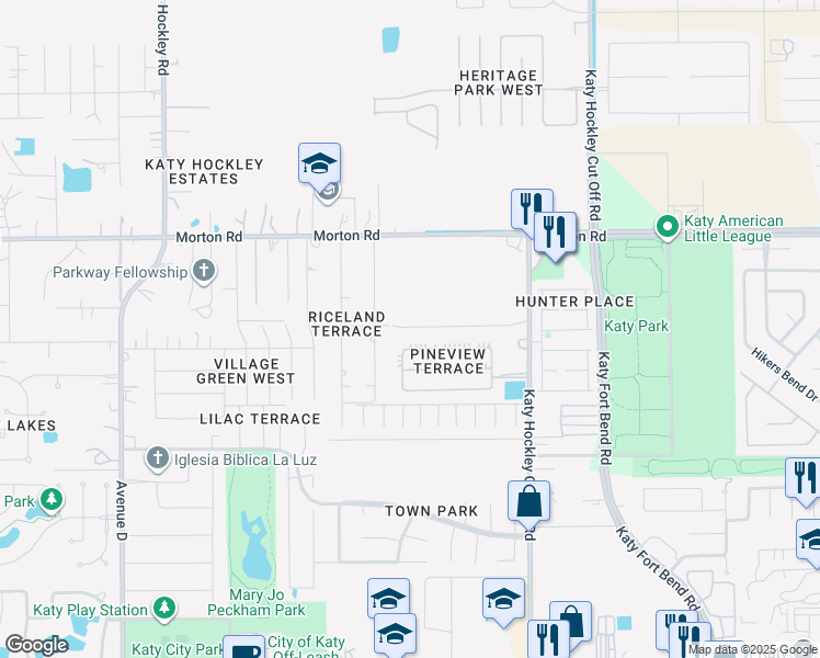 map of restaurants, bars, coffee shops, grocery stores, and more near 5368 Rexora Lane in Katy