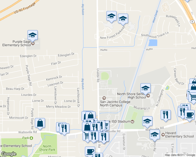 map of restaurants, bars, coffee shops, grocery stores, and more near 6207 Uvalde Road in Houston