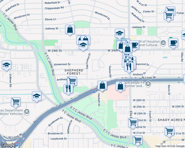 map of restaurants, bars, coffee shops, grocery stores, and more near 3014 Carlford Circle in Houston