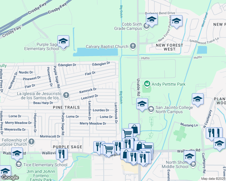 map of restaurants, bars, coffee shops, grocery stores, and more near 14650 Kemrock Drive in Houston