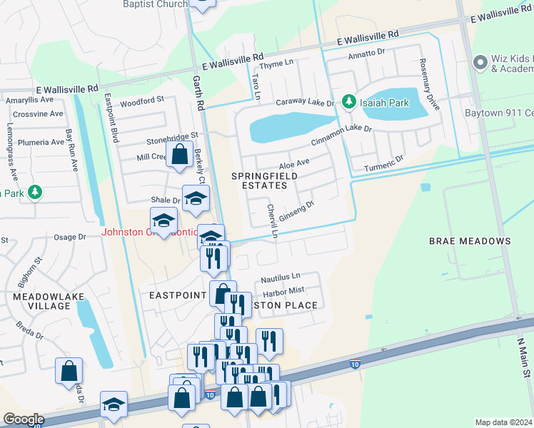 map of restaurants, bars, coffee shops, grocery stores, and more near 7815 Chervil Lane in Baytown