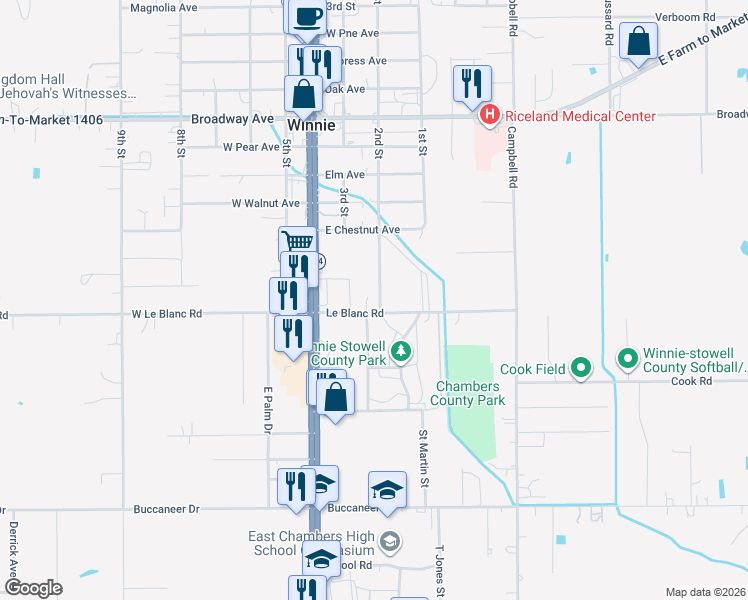 map of restaurants, bars, coffee shops, grocery stores, and more near 1188 2nd Street in Winnie