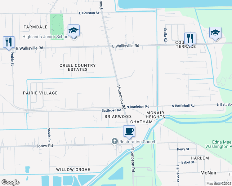 map of restaurants, bars, coffee shops, grocery stores, and more near 8107 Thompson Road in Highlands