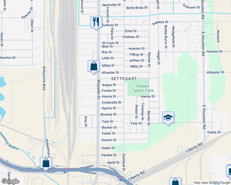 map of restaurants, bars, coffee shops, grocery stores, and more near 7985 Fowlie Street in Houston