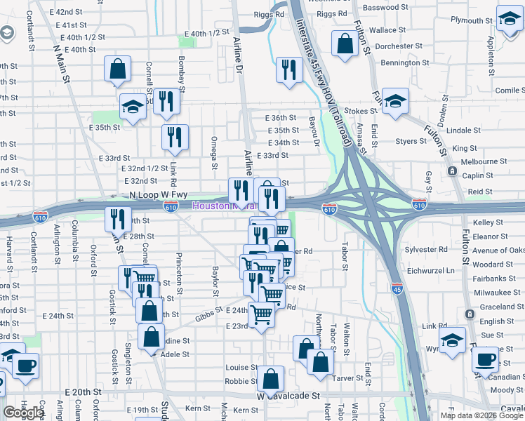 map of restaurants, bars, coffee shops, grocery stores, and more near 1347 North Loop West Freeway in Houston