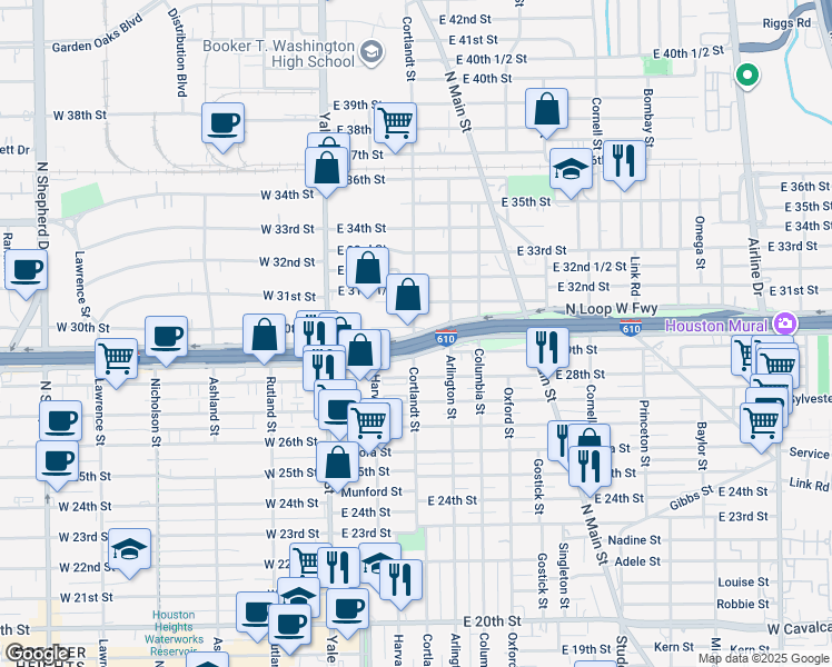 map of restaurants, bars, coffee shops, grocery stores, and more near 307 North Loop in Houston
