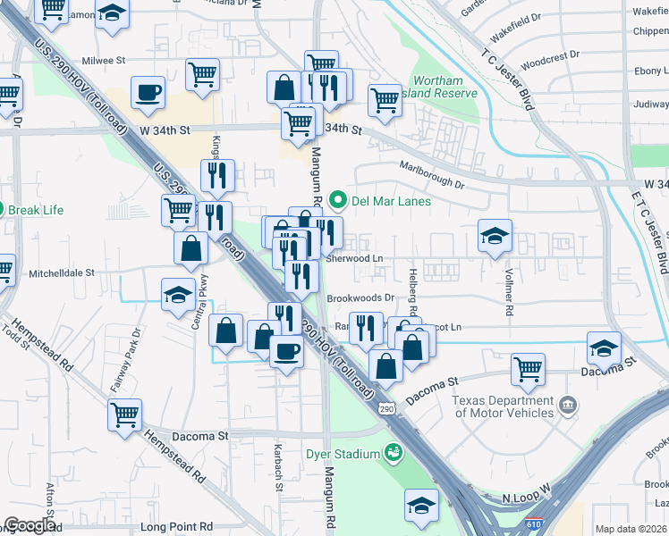 map of restaurants, bars, coffee shops, grocery stores, and more near 4617 Sherwood Lane in Houston