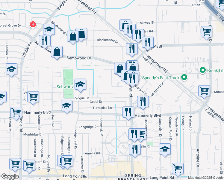 map of restaurants, bars, coffee shops, grocery stores, and more near Vogue Lane in Houston