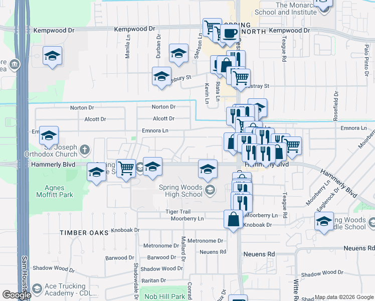 map of restaurants, bars, coffee shops, grocery stores, and more near 2218 Triway Lane in Houston