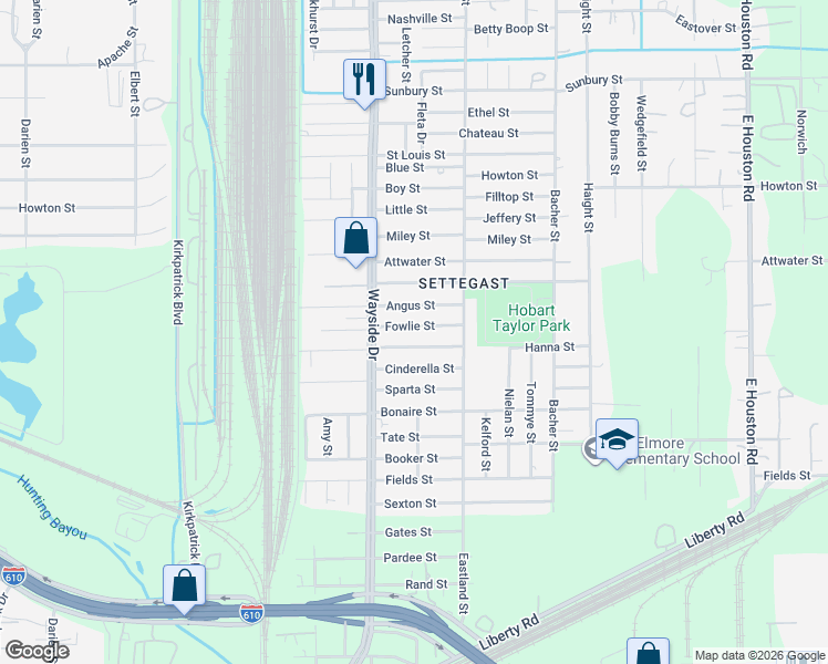 map of restaurants, bars, coffee shops, grocery stores, and more near 7943 Fowlie Street in Houston