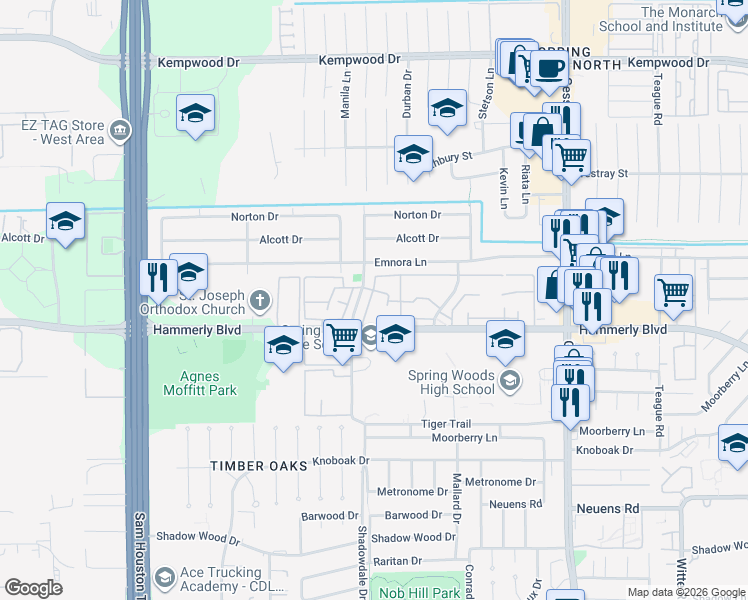 map of restaurants, bars, coffee shops, grocery stores, and more near 2266 Shadowdale Drive in Houston