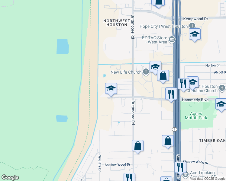 map of restaurants, bars, coffee shops, grocery stores, and more near 11002 Hammerly Boulevard in Houston