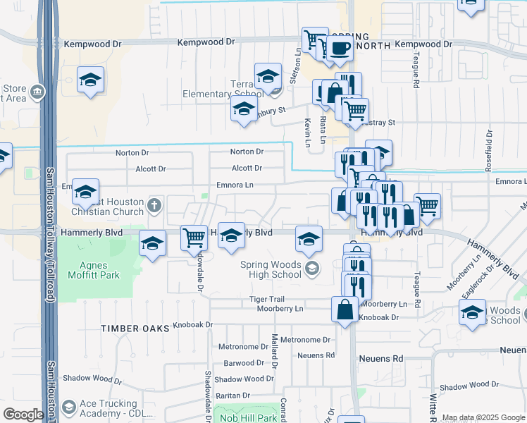 map of restaurants, bars, coffee shops, grocery stores, and more near 2287 Triway Lane in Houston