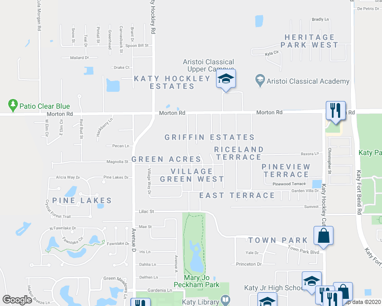 map of restaurants, bars, coffee shops, grocery stores, and more near 2726 Elder Road in Katy