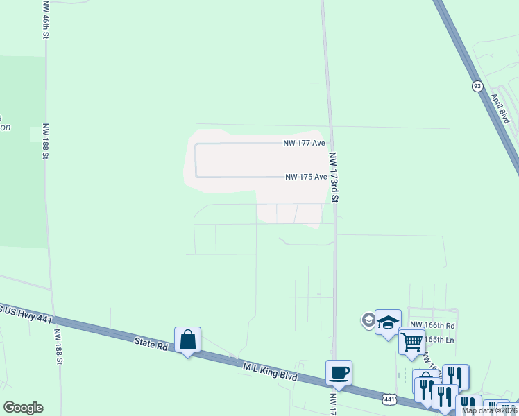 map of restaurants, bars, coffee shops, grocery stores, and more near 17709 Northwest 175 Avenue in Alachua