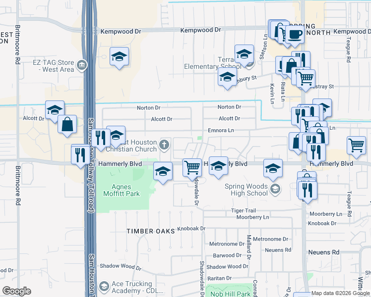 map of restaurants, bars, coffee shops, grocery stores, and more near 10580 Hammerly Boulevard in Houston