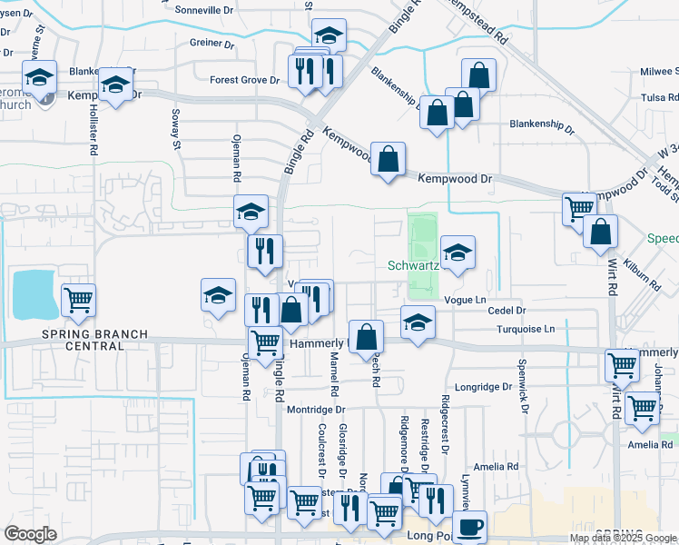 map of restaurants, bars, coffee shops, grocery stores, and more near 2209 Pech Road in Houston