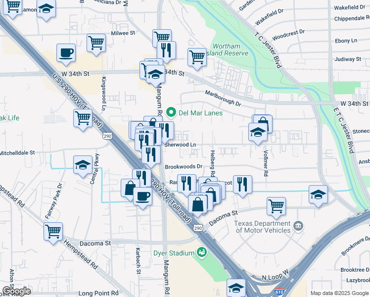 map of restaurants, bars, coffee shops, grocery stores, and more near 4603 Sherwood Lane in Houston