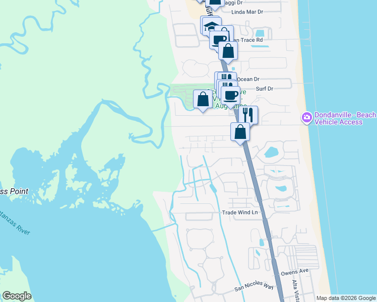 map of restaurants, bars, coffee shops, grocery stores, and more near 128 Rio Del Mar Street in St. Augustine