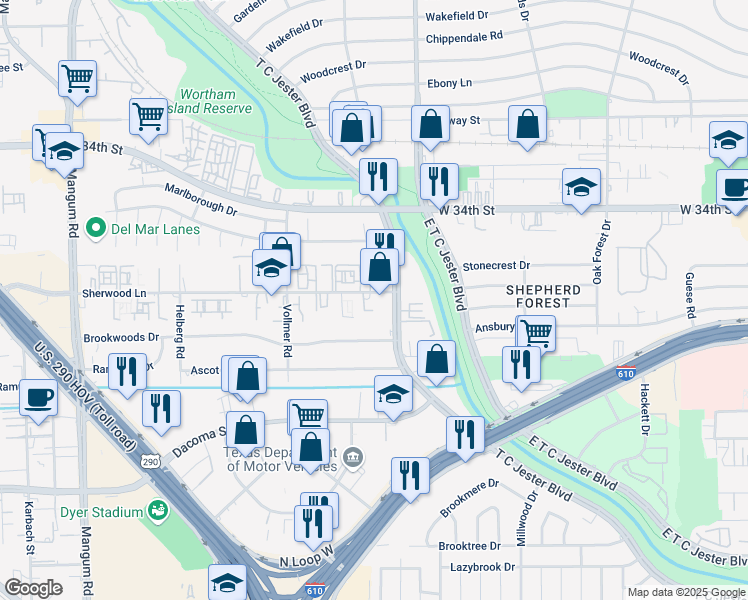 map of restaurants, bars, coffee shops, grocery stores, and more near 3715 Sherwood Lane in Houston