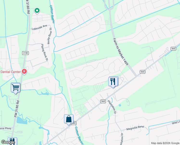 map of restaurants, bars, coffee shops, grocery stores, and more near 5738 Rainbow Road in Mont Belvieu