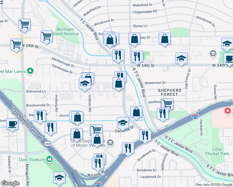 map of restaurants, bars, coffee shops, grocery stores, and more near 3715 Sherwood Lane in Houston