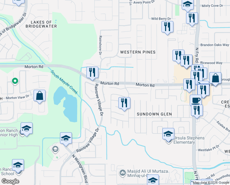 map of restaurants, bars, coffee shops, grocery stores, and more near 20614 Red Sun Drive in Katy