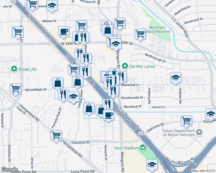 map of restaurants, bars, coffee shops, grocery stores, and more near 10690 Northwest Freeway in Houston
