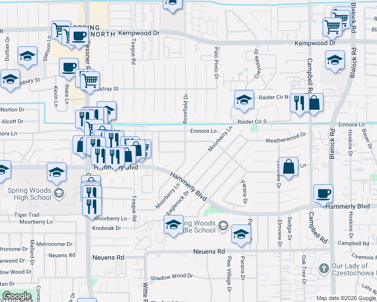 map of restaurants, bars, coffee shops, grocery stores, and more near 2402 Rosefield Drive in Houston