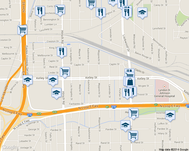 map of restaurants, bars, coffee shops, grocery stores, and more near 4705 Kelley Street in Houston