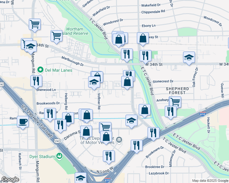 map of restaurants, bars, coffee shops, grocery stores, and more near 3815 Sherwood Lane in Houston