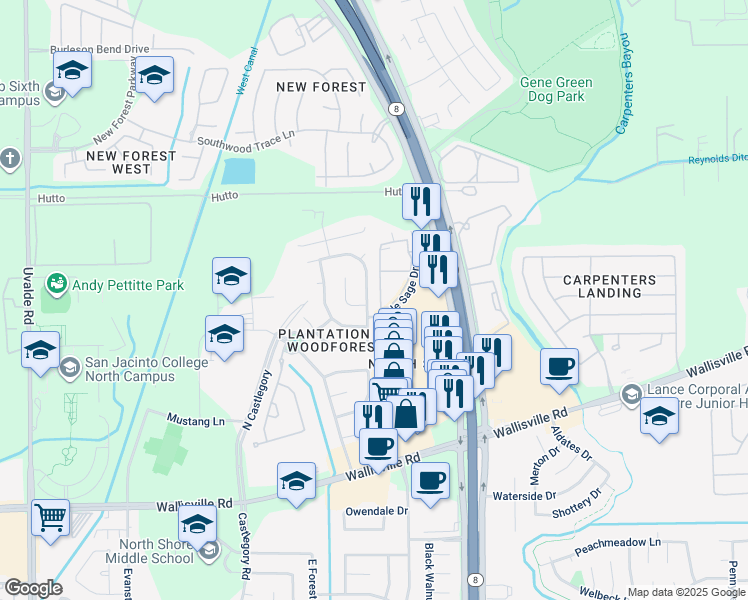 map of restaurants, bars, coffee shops, grocery stores, and more near 614 Majestic Ridge Drive in Houston