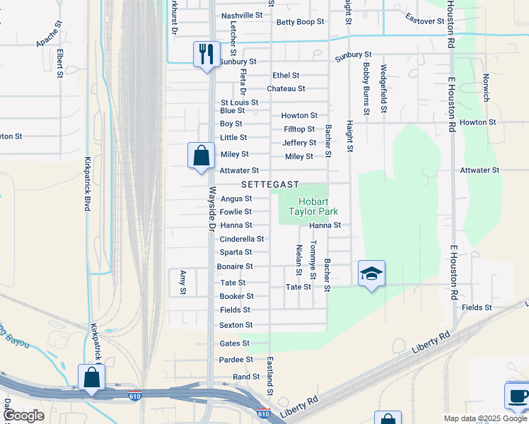 map of restaurants, bars, coffee shops, grocery stores, and more near 7985 Fowlie Street in Houston