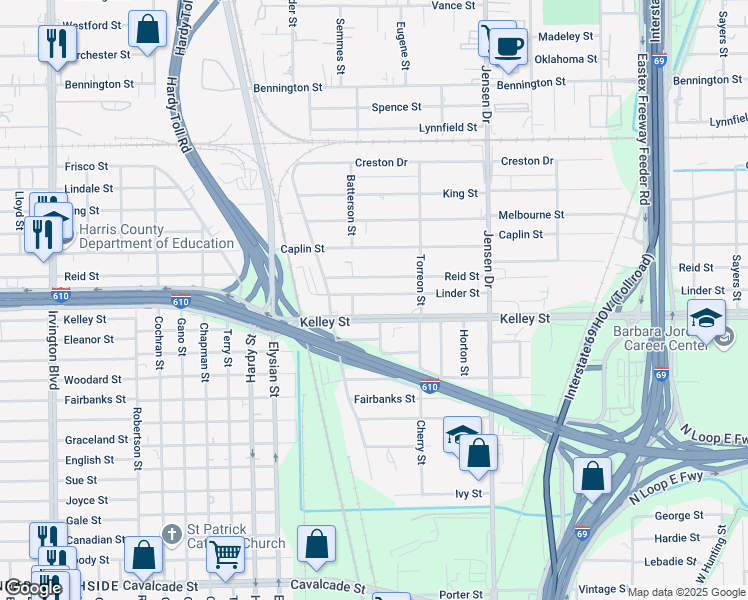 map of restaurants, bars, coffee shops, grocery stores, and more near 2110 Linder Street in Houston
