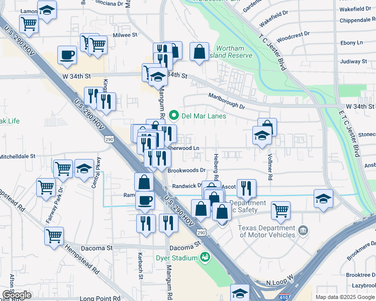 map of restaurants, bars, coffee shops, grocery stores, and more near 20 Sherwood Lane in Houston