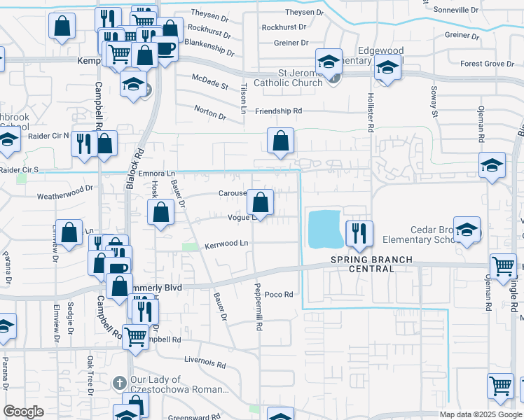 map of restaurants, bars, coffee shops, grocery stores, and more near 2227 Peppermill Road in Houston