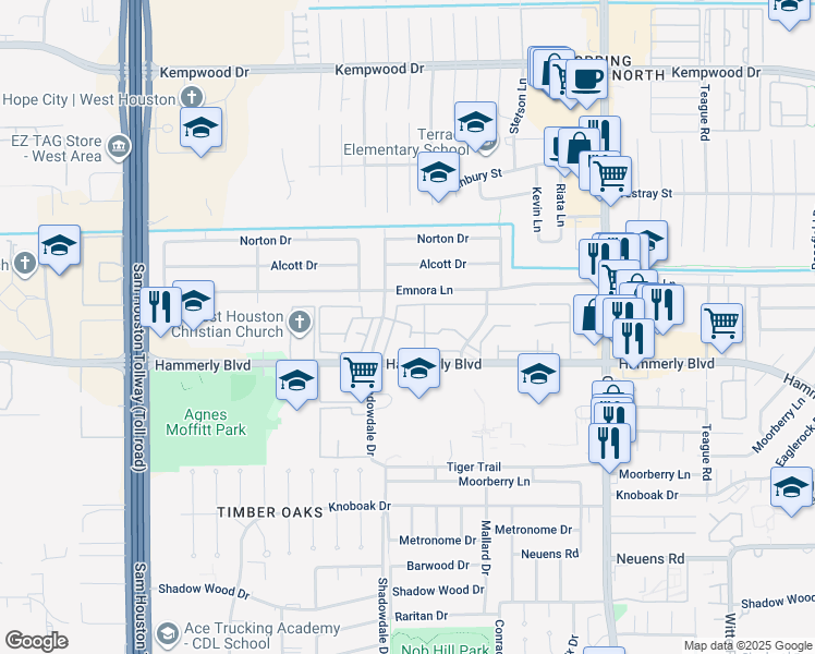 map of restaurants, bars, coffee shops, grocery stores, and more near 2266 Shadowdale Drive in Houston