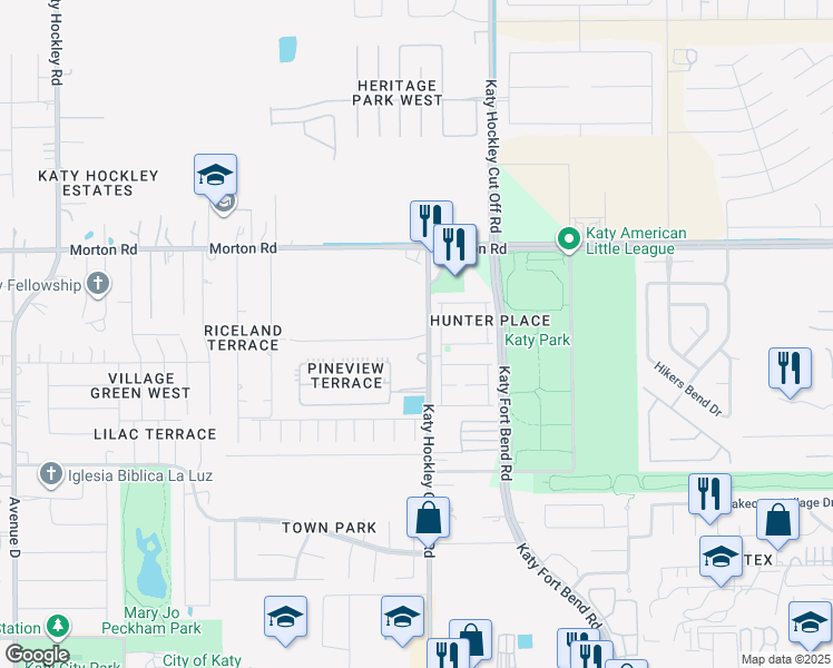map of restaurants, bars, coffee shops, grocery stores, and more near 5210 Rexora Lane in Katy