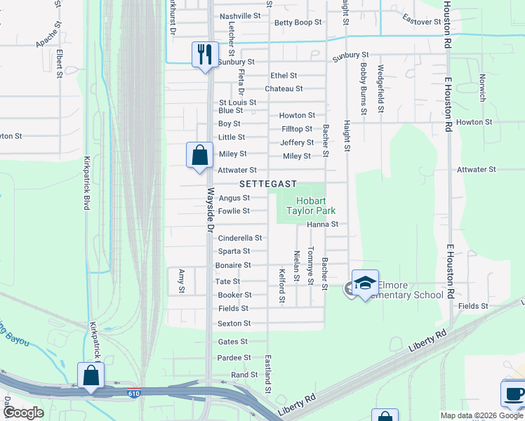 map of restaurants, bars, coffee shops, grocery stores, and more near 7985 Fowlie Street in Houston