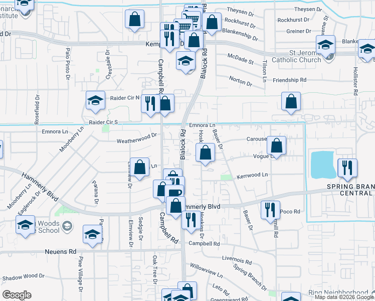 map of restaurants, bars, coffee shops, grocery stores, and more near 2300 Blalock Road in Houston