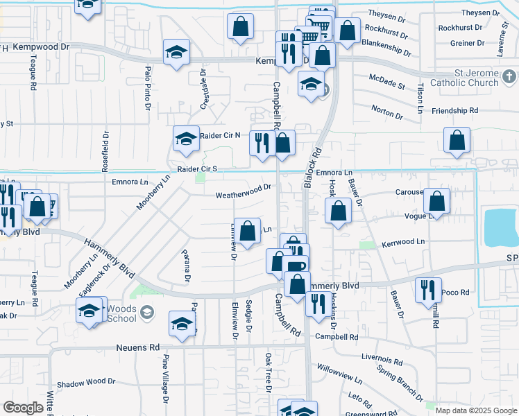 map of restaurants, bars, coffee shops, grocery stores, and more near 9515 Carousel Lane in Houston