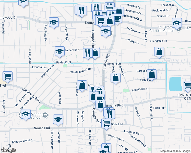 map of restaurants, bars, coffee shops, grocery stores, and more near 2302 Campbell Road in Houston