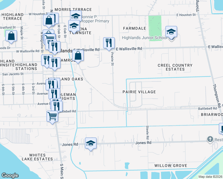 map of restaurants, bars, coffee shops, grocery stores, and more near 308 Prairie Street in Highlands