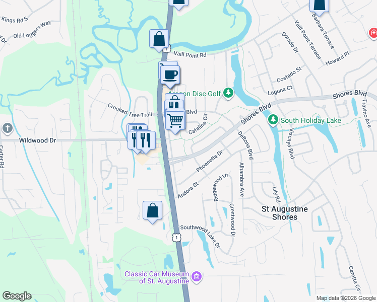 map of restaurants, bars, coffee shops, grocery stores, and more near 874 Palermo Road in St. Augustine
