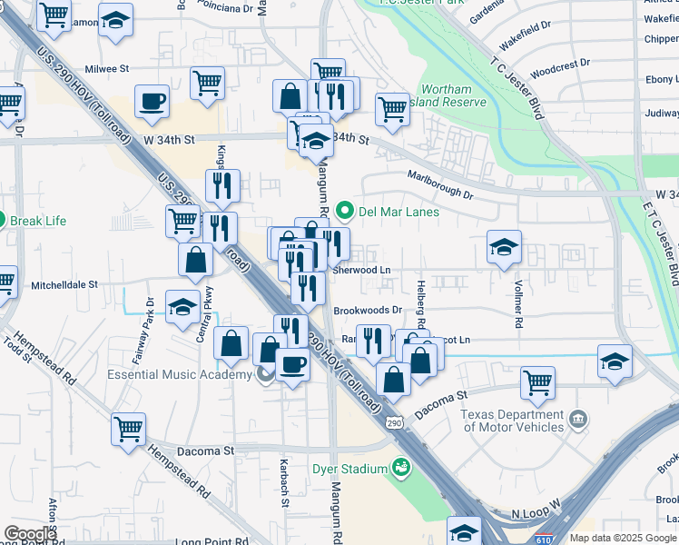 map of restaurants, bars, coffee shops, grocery stores, and more near 4617 Sherwood Lane in Houston