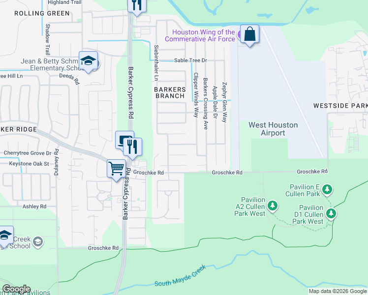 map of restaurants, bars, coffee shops, grocery stores, and more near 18219 Barkers Green Way in Houston