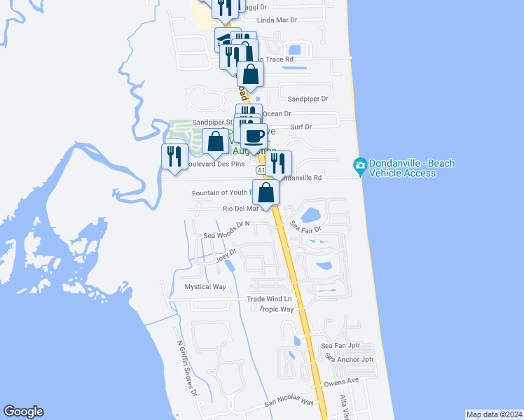 map of restaurants, bars, coffee shops, grocery stores, and more near 102 Rio Del Mar Street in St. Augustine