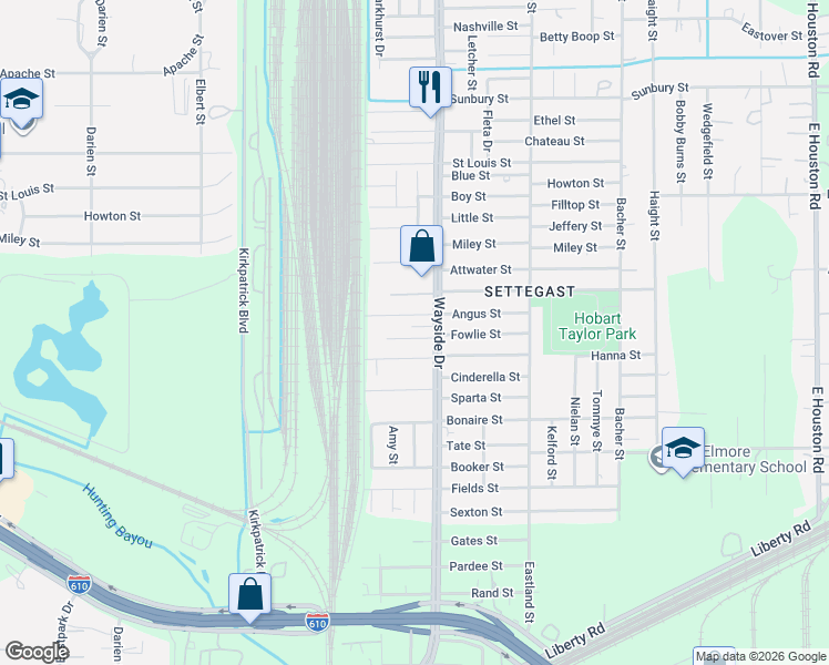 map of restaurants, bars, coffee shops, grocery stores, and more near 7827 Sandy Street in Houston