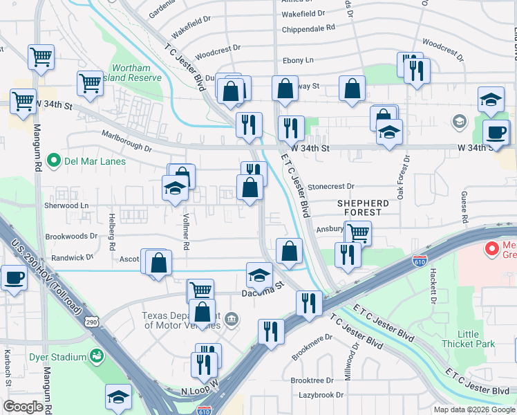 map of restaurants, bars, coffee shops, grocery stores, and more near 2818 West T C Jester Boulevard in Houston