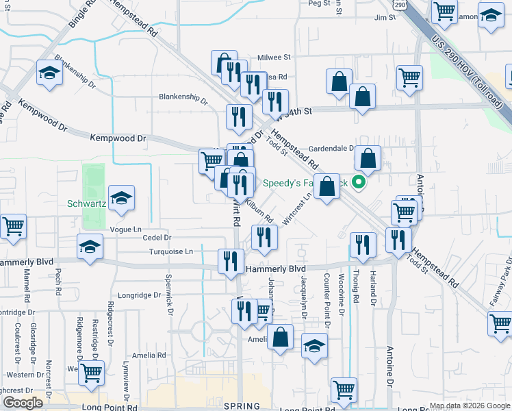 map of restaurants, bars, coffee shops, grocery stores, and more near 337 Kilburn Road in Houston
